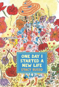 Painting of cascading flowers and a straw hat with book title and author in a blue box